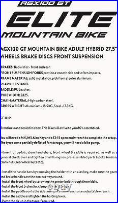 AGX100 GT Mountain Bike Adult Hybrid 27.5 Wheels Brake Discs Front Suspension