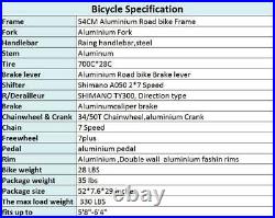 Lightweight Aluminum Racing Road Bike Shimano 14 Speed 54cm Frame Mens Bicycle